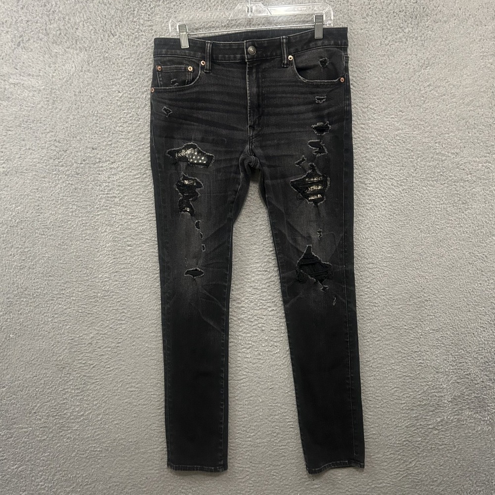 American Eagle Jeans Mens 33x34 Black Denim Slim Fit Distressed Stretch Preppy
